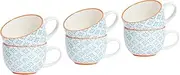 Nicola Spring Cappuccino Cups Set - 250ml - Pack of 6 - Blue Hand Printed Tea Cup Coffee Cappuccino Mugs Latte Drinking Mug Tea Saucer Plates for Breakfast, Lunch, Brunch