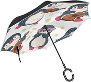 Double Layer Inverted Umbrella Cars Reverse Umbrella Cute Penguins Windproof UV Proof Travel Outdoor Umbrella