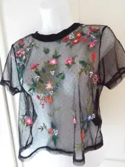 NWT $39 Urban Outfitters Floral Mesh Short Sleeve Top Sz XL Black Sheer Cropped