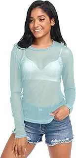 [RPLIFE] Pale Turquoise Long Sleeve Mesh Tops for Women, Sexy Sheer Tops for Women S-XXL