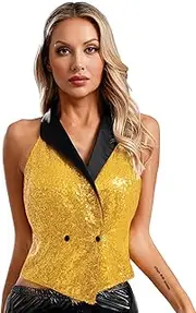 [Jhaoyu] Women's Glitter Sequin Vest V-neck Sleeveless Dressy Sparkly Waistcoat Evening Party Banquet Tops