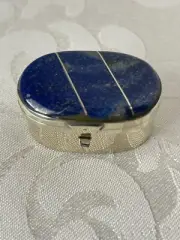 Blue Lapis Lazuli Mini Trinket Pill Box Jewelry Silver Tone No tarnish