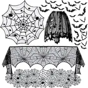 Halloween Spider Decorations Set-Halloween Black Spider Web Tablecloth,Halloween Table Runner,Halloween Spider Web Lamp Shades,36pcs Scary 3D Bat for Halloween