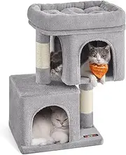 Feandrea Cat Tree, 67 cm Tower, S, Condo for Kittens up to 3 kg, Large Perch, 2 Caves, Scratching Post, Light Grey PCT611W01
