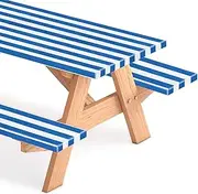3 Pcs 6 ft Picnic Table Cover with Bench Covers, Fits for Tables 72" x 30" Rectangle, Waterproof Stripe Tablecloth with Elastic for Outdoor Camping Patio(Dark Blue and White)