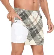 [GuoChe] Men Swim Shorts Men 2In1 Workout Shorts Plaid Grey Orange Beige with Compression Liner and Pockets Swimming Suit