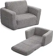 ALIMORDEN 2-in-1 Flip Out Cuddly Sherpa Toddler Couch, Convertible Sofa to Lounger, Grey