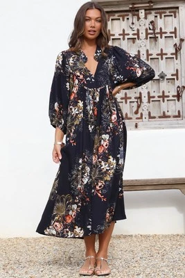 JAASE - Boheme Midi Dress: Piping Defined Bust Slimline Smock Dress In Indigo...