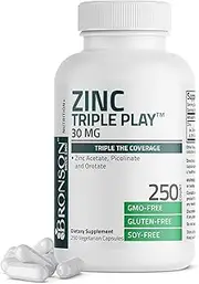 Bronson Zinc Triple Play 30 mg Triple Coverage Immune Support Zinc Supplement with Zinc Acetate, Picolinate & Orotate - Immune, Antioxidant & Skin Health Support - 250 Vegetarian Capsules