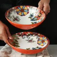 在飛比找樂天市場購物網優惠-手繪陶瓷圓盤餐具 8寸深盤家用裝菜盤湯碗深口盤子創意手繪釉下