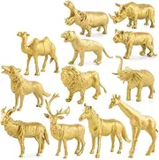 12 Pcs Safari Animals Figurines Toys, Safari Animal Birthday Centerpiece Jungle Gold Wild Animals Figurines Cake Topper for Baby Shower Decor, Wild Themed Birthday Wedding Party Favors