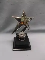 large STAR trophy award silver cast metal holiday figure black marble block base