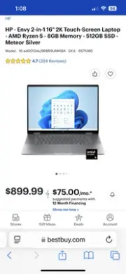 HP Envy 16' 2 in 1 Touch Screen Laptop AMD Ryzen 5 8G memory 512 SSD Silver NIB