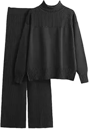[Generic] Women's Solid Turtleneck Sweater Suits Long Sleeve Pullovers Elastic Waist Wide Leg Pant Matching Sets Loungewear Sets