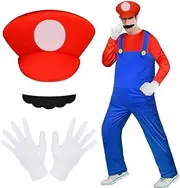 Aomig Mario Costume, Luigi Bros Cosplay with Hat, Trousers, Beard Gloves, Mario and Luigi Costume Set Men Women Adult Outfit Costume for Christmas Carnival
