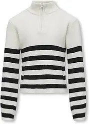 KIDS ONLY Kogfranca Girls' Half Zip L/S Stripe KNT Noos Pullover, Cloud Dancer/Stripes: Black, 110-116