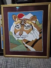 Hand Stitched One Of A Kind "Tiger" Art piece Wood Frame
