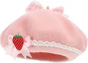 [TOGEVAL] Felt Beret Hat Strawberry Bow Warm Woolen Cap for Women Men French Bowknot Beret Random