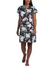 miss Elaine Womens Short-Sleeve Floral Snap Front Nightgown Seaside Black S