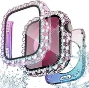 [NewWays] 2 in 1 Waterproof Bling Case 41mm for Apple Watch Screen Protector Series 9 8 7, Lace Full Glitter Diamond Rhinestone Bumper Face Cover for iWatch Women 41 mm, Iridescent