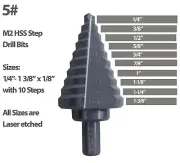 Step Drill Bits Black Oxided #5 with 1/4"-1 3/8"x1/8" with 10 Steps HSS M2 Drill