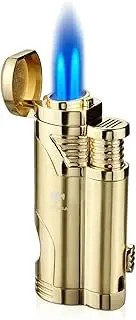 Cigar Lighter with Punch Butane Refillable Lighters 2 Jet Flame Torch Strong Windproof Without Gas (Gold)