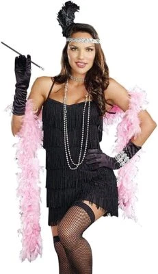 Dreamgirl Flirty Flapper Costume Dress 20s Great Gatsby Fancy Black Fringe Skirt
