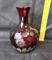 Vintage Andrea Glass Vase Ruby Flash Floral Original Label Japan Bohemian Cut