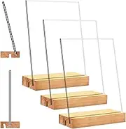 3 Pack A5 Acrylic Sign Holder Set - Double-Sided Table Display Stand with Wooden Base | Vertical & Slant Back for Wedding Menus, Table Numbers, Retail, Office, Vendor Booth (5.8 x 8.3 in