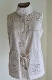 NWT Keren Hart Khaki Cotton Linen Eyelet Snap Front Vest Size L