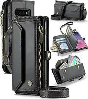 [ELEPIK] for Galaxy S10 Case, Adjustable Crossbody Wallet Case with Card Holder, Kickstand [RFID Blocking] [Crossbody & Wrist Strap] Leather Magnetic Phone Case for Samsung Galaxy S10, Black