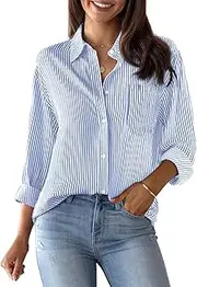 [Aoudery] Womens Button Down Shirts Cotton Striped Dress Shirts Long Sleeve Button Up Collared Office Work Blouses Tops