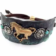 WESTERN GOLD SILVER HAMMERED PLATE HORSES BROWN LEATHER CUFF PATINA BRACELET