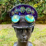 Purple Steampunk Sequin Hat Burning Man Christmas Costume Party Hat With Goggles