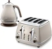 [De'Longhi] Icona Vintage Kettle and Toaster Pack KBO-CTO.VBG, 4 Slice Toaster with Reheat and Defrost Functions, 6 Browning Levels Plus 1.7L Capacity Electric Kettle with Anti-Scale Filter, Beige