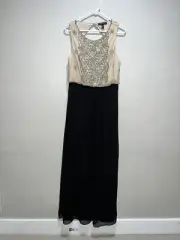Aidan Mattox Beige Black Beaded Sleeveless Maxi Dress Women Size 8