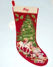 Sferra Needlepoint Handmade Stocking Embroidered "Grey" Christmas Tree/Gifts New