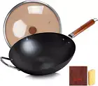 Carbon Steel Wok,14.2" Wok Pan with Lid, Woks & Stir-Fry Pans No Chemical Coated