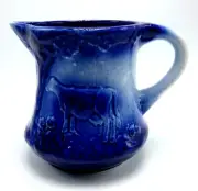 VTG Pottery Blue White Milk Pitcher Cow Iron Stone 6.25" Tall Glazed Farmhouse