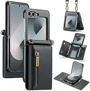 For Samsung Galaxy Z Flip 6 Wallet Case,Fold Leather Wallet Case With 4 card slots and 3 cash slots and 1 zipper pocket,Kickstand Shockproof [RFID Blocking] Phone Cover with Lanyard for Woman (Black)
