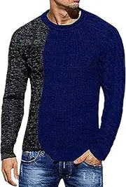 [Gsywaipei] Men's Color Block Knitted Sweater Slim Fit Long Sleeve Male Knits Sweaters Winter Wool Crewneck Knit Pullover