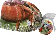 [WOSHJIUK] Working Hat 2 Pack Scrub Caps for Women,Oil Painting on Horses and Dogs,Tie Back Cap Adjustable Scrub Hat
