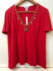 GABRIELLA ROSSI Red Rayon Spandex Jersey Embellished Short Sleeve Top Petite PL