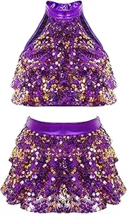 [Linjinx] Kids Girls Sequins Tiered Crop Top with Skirt Latin Jazz Modern Salsa Samba Rumba Dancewear