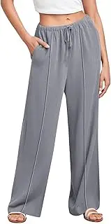 [Generic] Women's Linen Summer Palazzo Pants Flowy Wide Leg Beach Casual Pant Trousers with Pockets Womens Beach Clothes