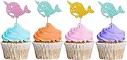 24PCS Narwhal Cupcake Toppers, Sea Animal Cupcake Toppers, Narwhal Cupcake Picks for Baby Shower, Under The Sea Themed Birthday Party Decoration - Blue&Pink Glitter