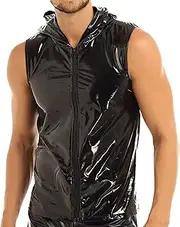 [VgueElegc] Men's Hooded Leather Shiny Tank Top Metallic Hoodie Vest for Men Leather Metallic Tank Top Hoodie