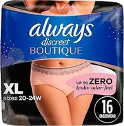 Always Discreet Boutique Adult Incontinence and Postpartum Underwear for Women, Maximum Protection, XL, Rosy, 16 Count