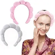2PCS Spa Headbands - Terry Cloth Headbands Combo Pack for Face Washing, Masks, Skin Treatments - Puffy Makeup Headbands in Pink & White - Convenient Skincare Accessories