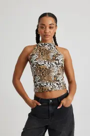 [Factorie] Factorie - Harper Backless Halter Top - Snow leopard L SNOW LEOPARD